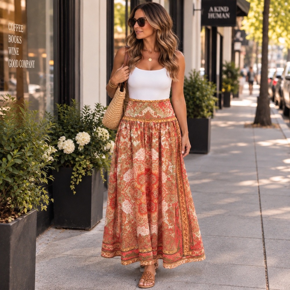 House of Harlow 1960 Orange Paisley Maxi Skirt Boho Linen Blend | Size S